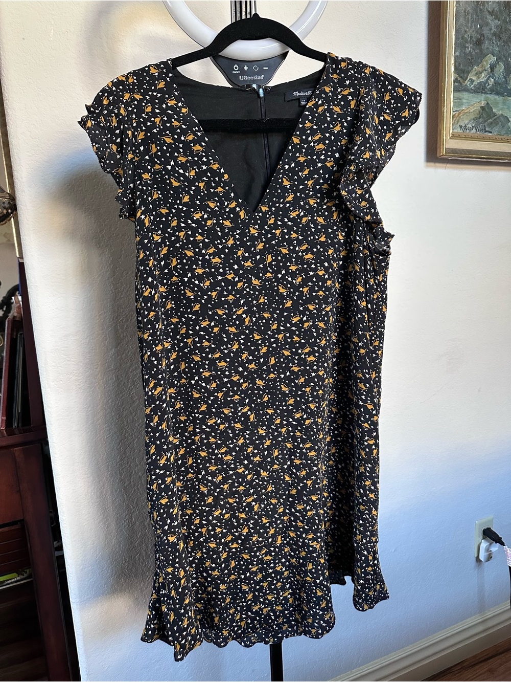Madewell Black Mini Dress with Mustard Floral Print